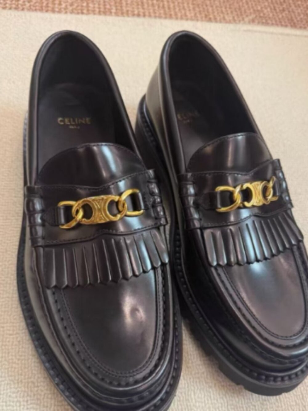 Celine Black Leather Fringe Triomphe Platform Loafers